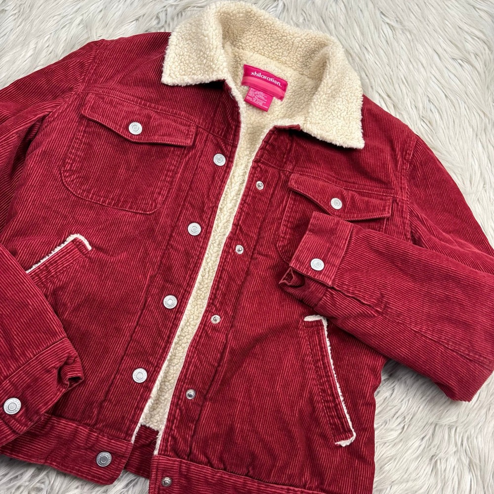 Vintage Y2K Xhilaration Women's M Red Corduroy Sherpa Lined Trucker Jacket - Picture 2 of 6